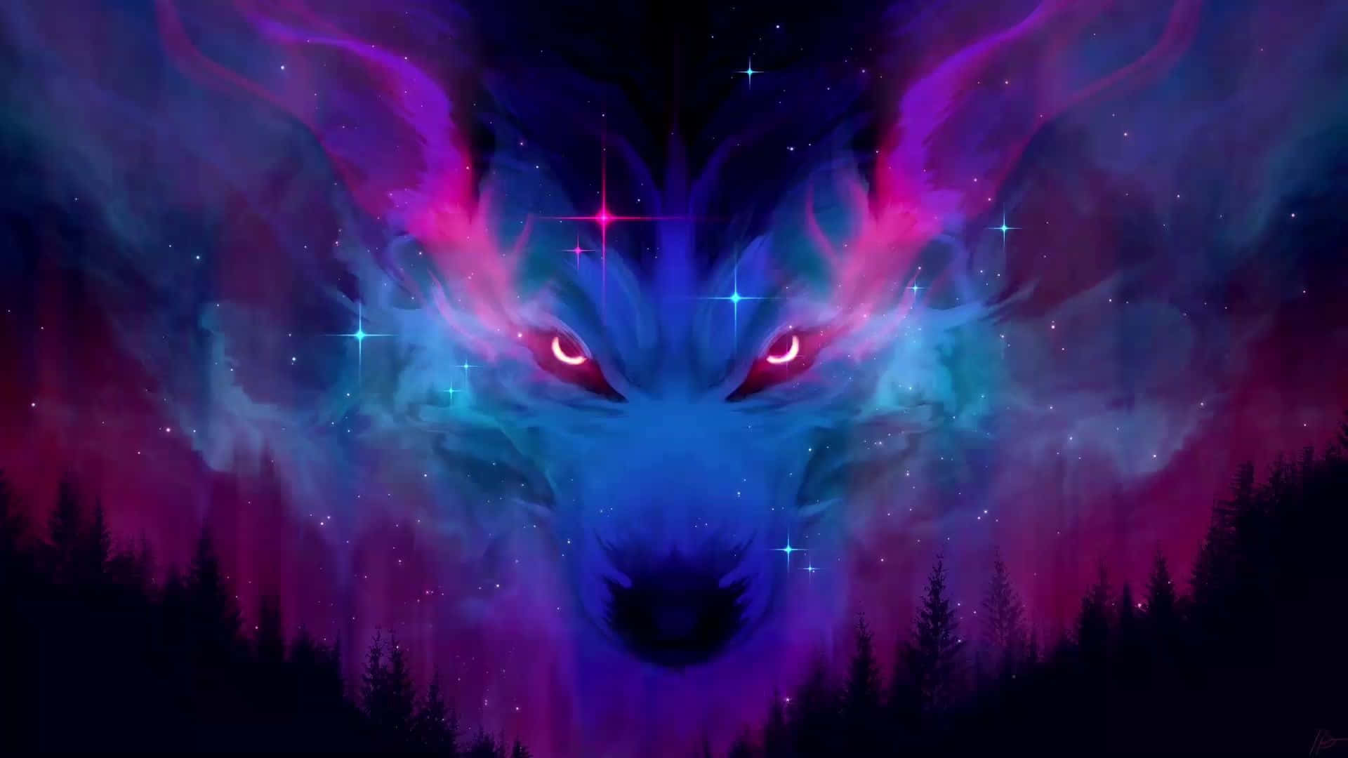 黑暗森林上方色彩繽紛的星雲中發光的狼臉。