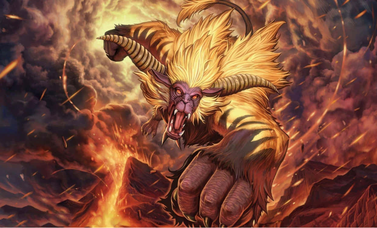 神話中的野獸，金色毛髮和角，在火山火焰和煙霧中咆哮。