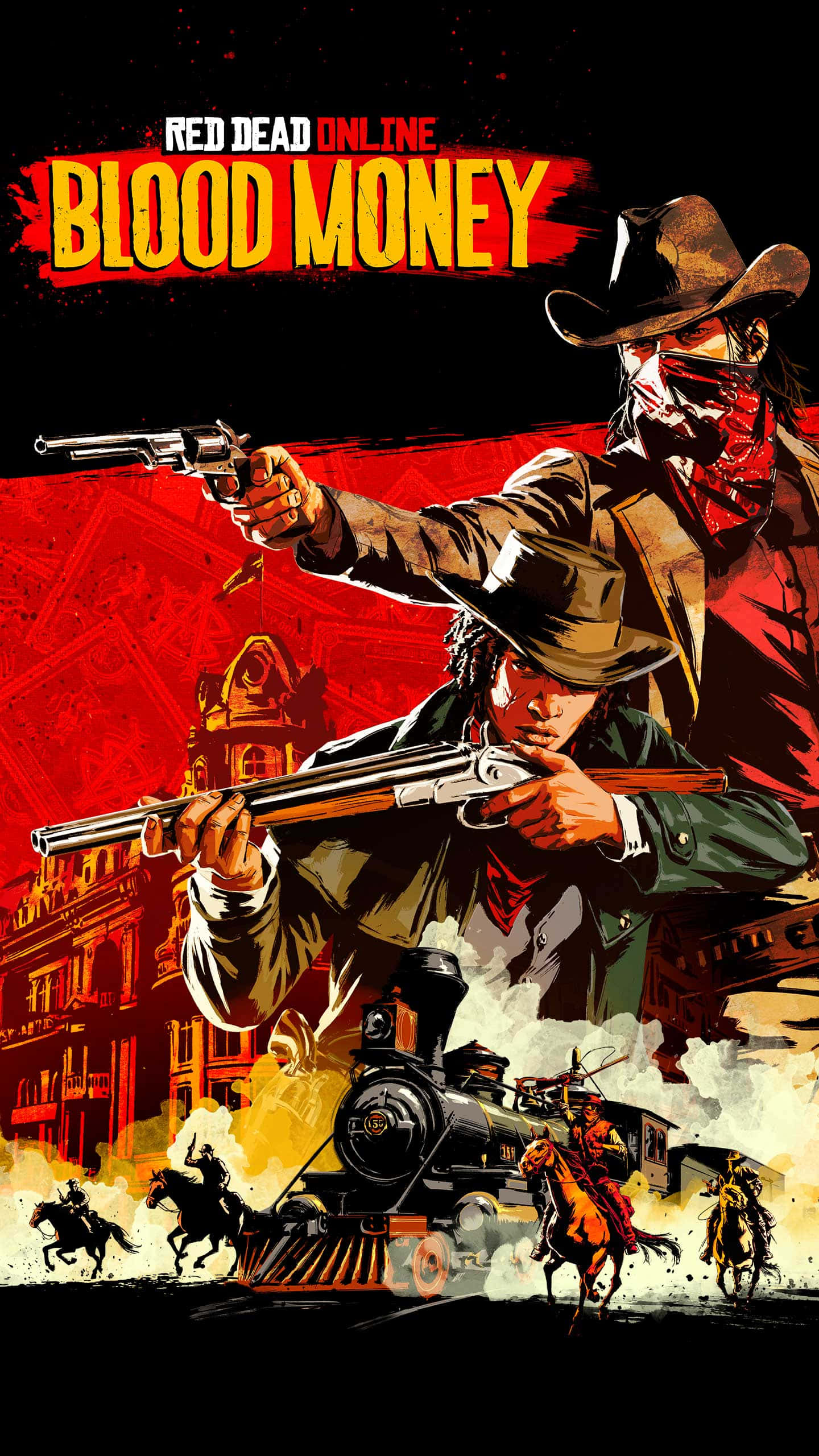《荒野大鏢客 2：血錢》PC 版 壁紙 — 兩名蒙面牛仔向疾馳的火車舉槍，騎手們在燃燒的西部小鎮中追趕。