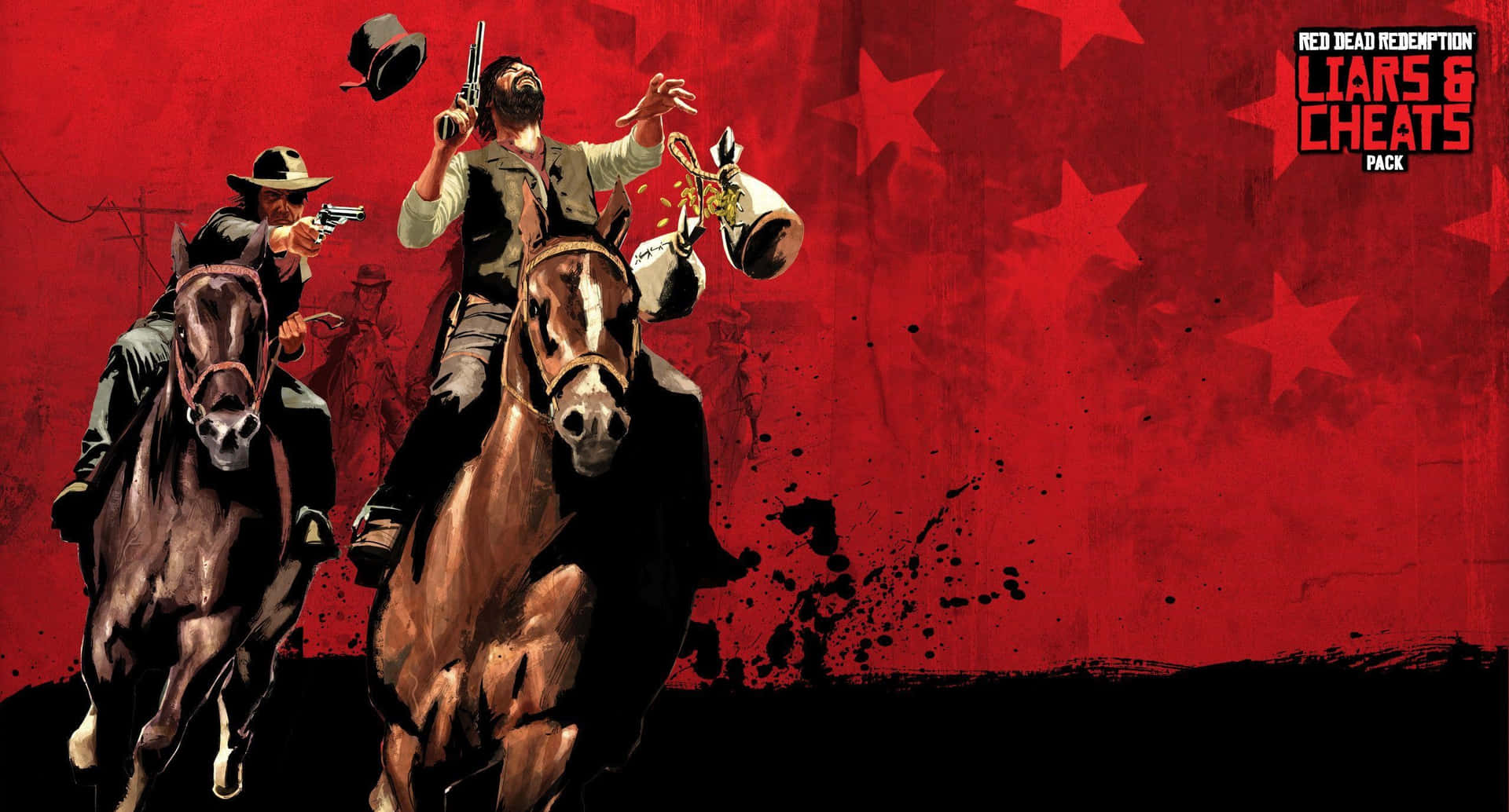 Red Dead Redemption 中紅色星星背景下的兩個騎馬武裝牛仔。