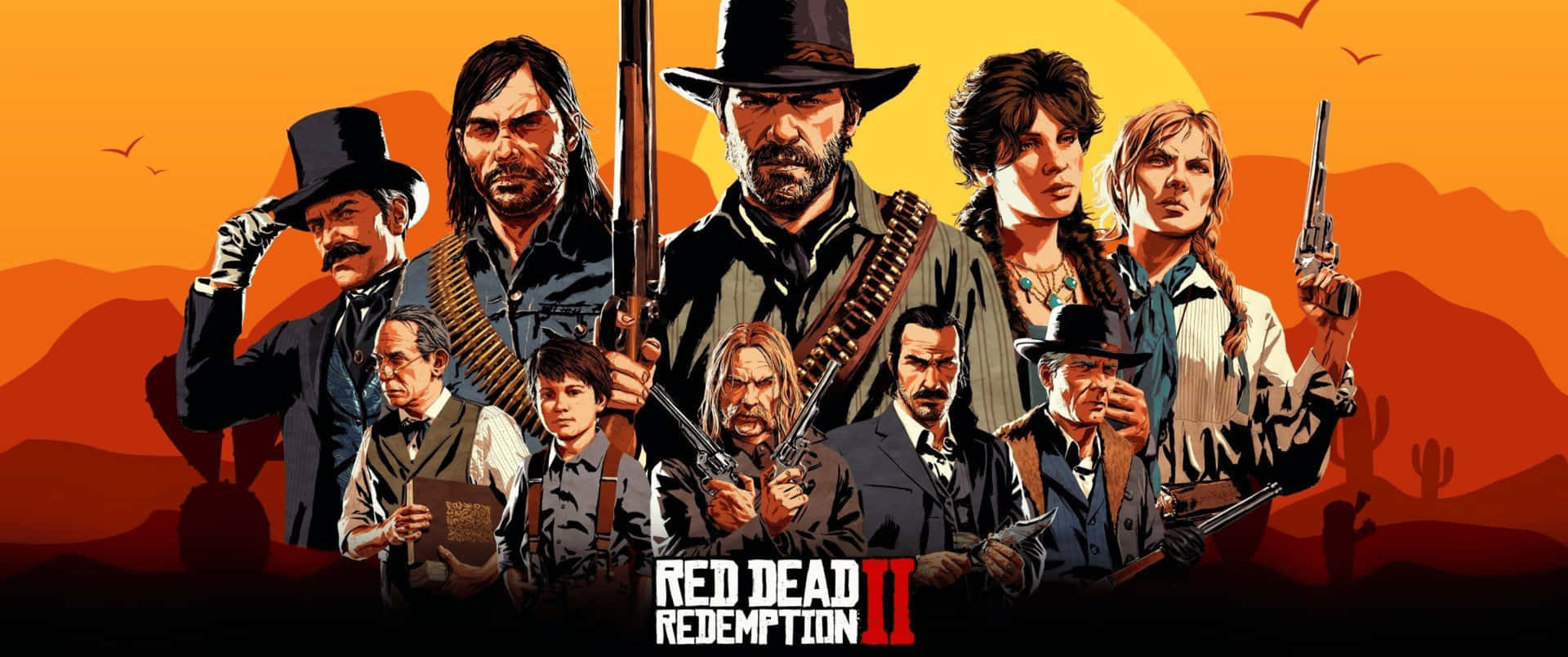 來自 Red Dead Redemption II 的西部角色群體，手持槍支對著日落。