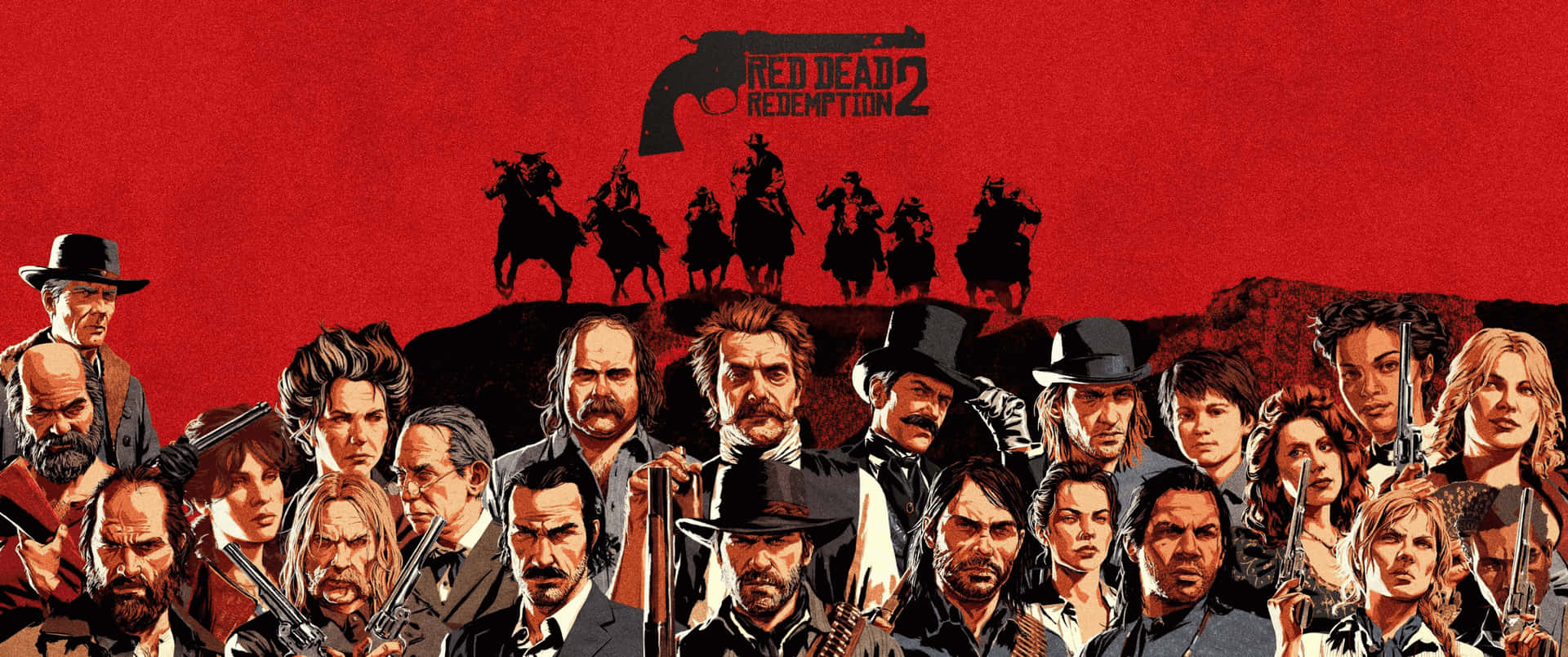 《Red Dead Redemption 2》角色海報，以紅色背景襯托牛仔和各種面孔。