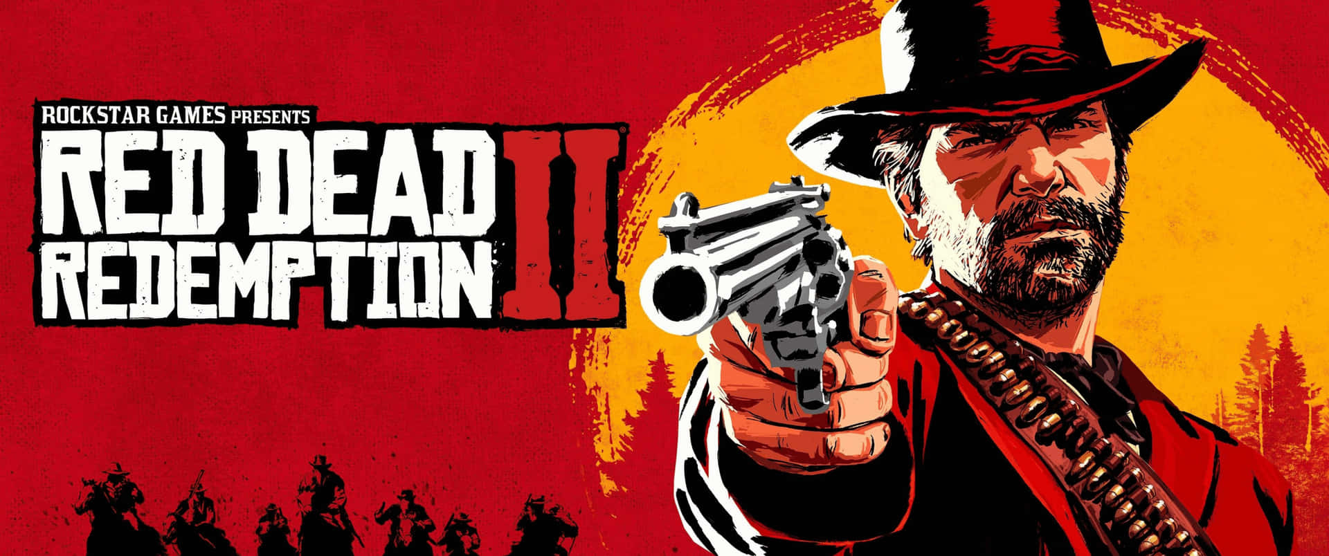 牛仔在Red Dead Redemption II遊戲藝術中瞄準左輪手槍，背景有騎手。