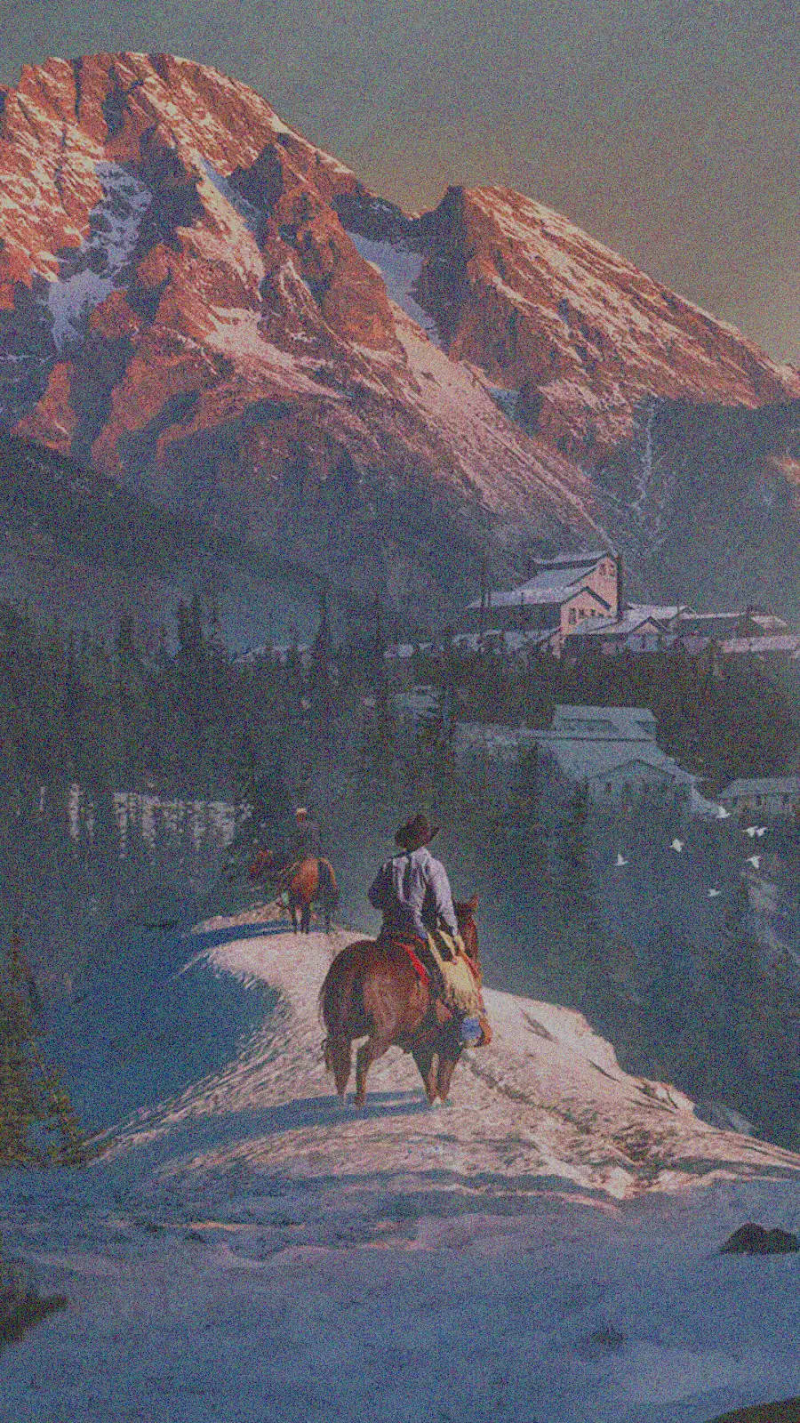 黃昏時分，兩位騎馬者在村莊附近的雪地山徑上。