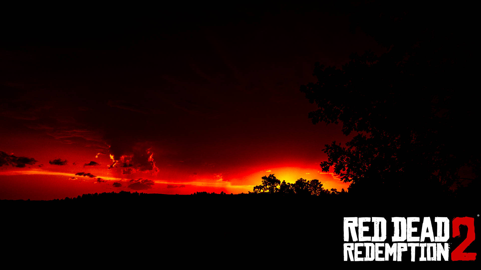 森林剪影上戲劇性的紅色夕陽，帶有 Red Dead Redemption 2 標誌。
