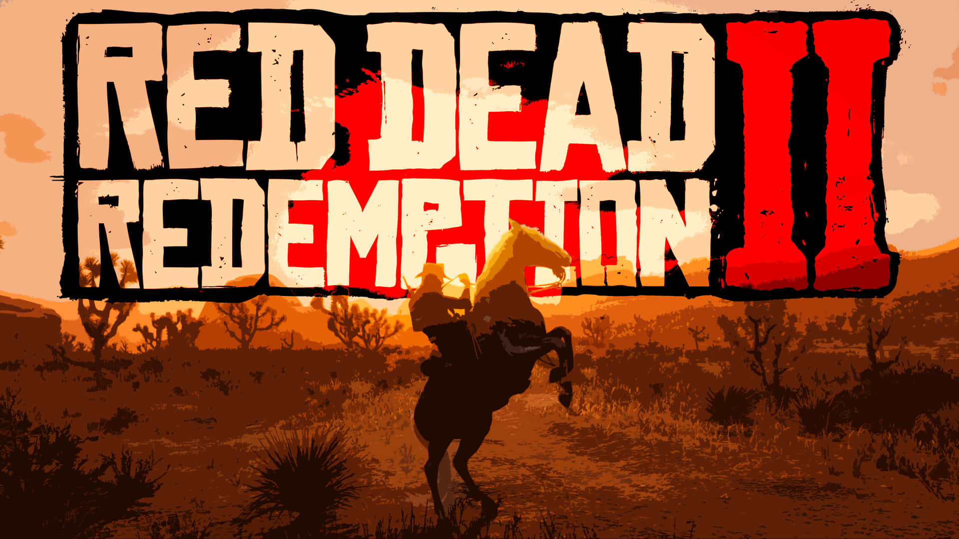 牛仔在沙漠日落中騎著後腿站立的馬，背景是Red Dead Redemption II標題。