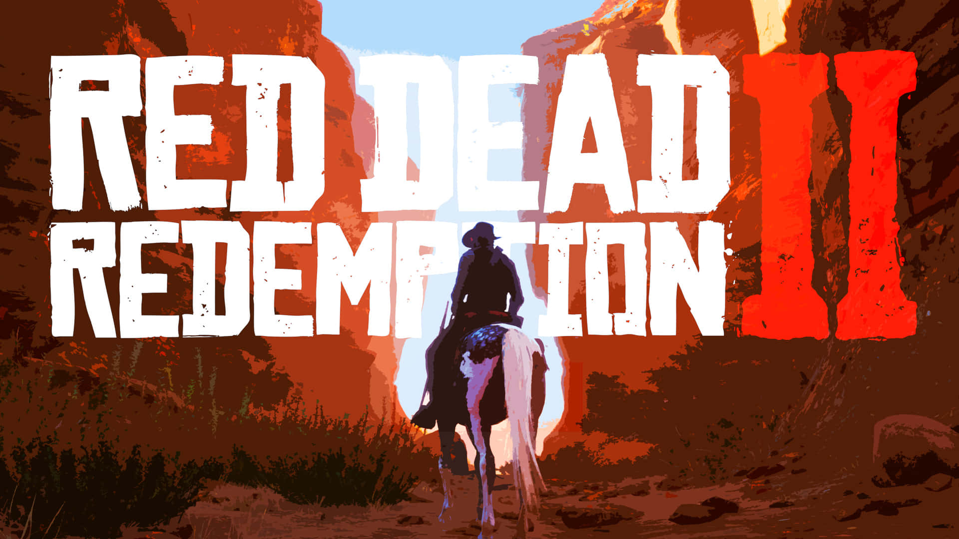 夕陽下峽谷中騎馬的牛仔，附有遊戲標題 Red Dead Redemption II。