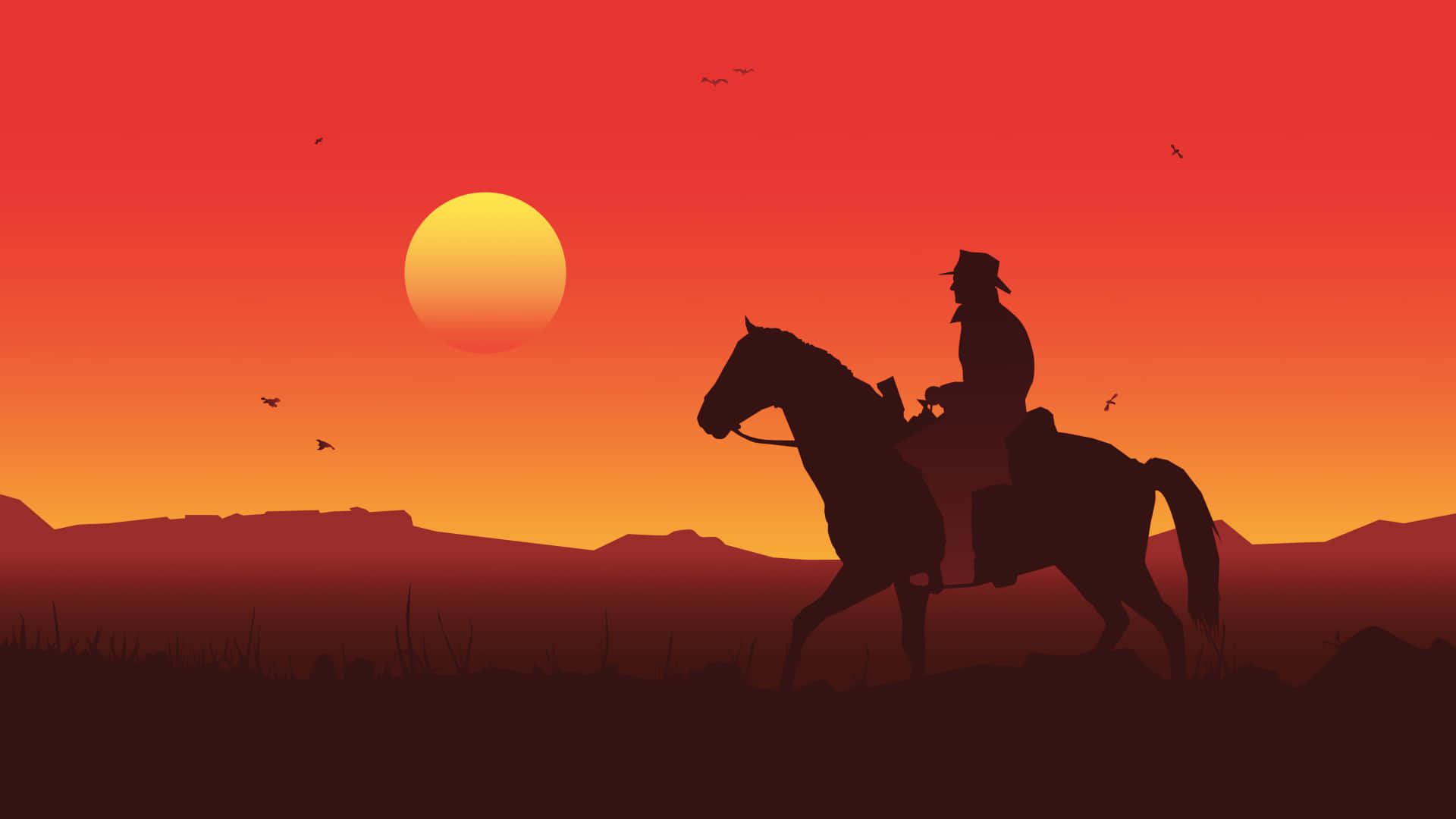 沙漠景觀中夕陽下騎馬的牛仔剪影。