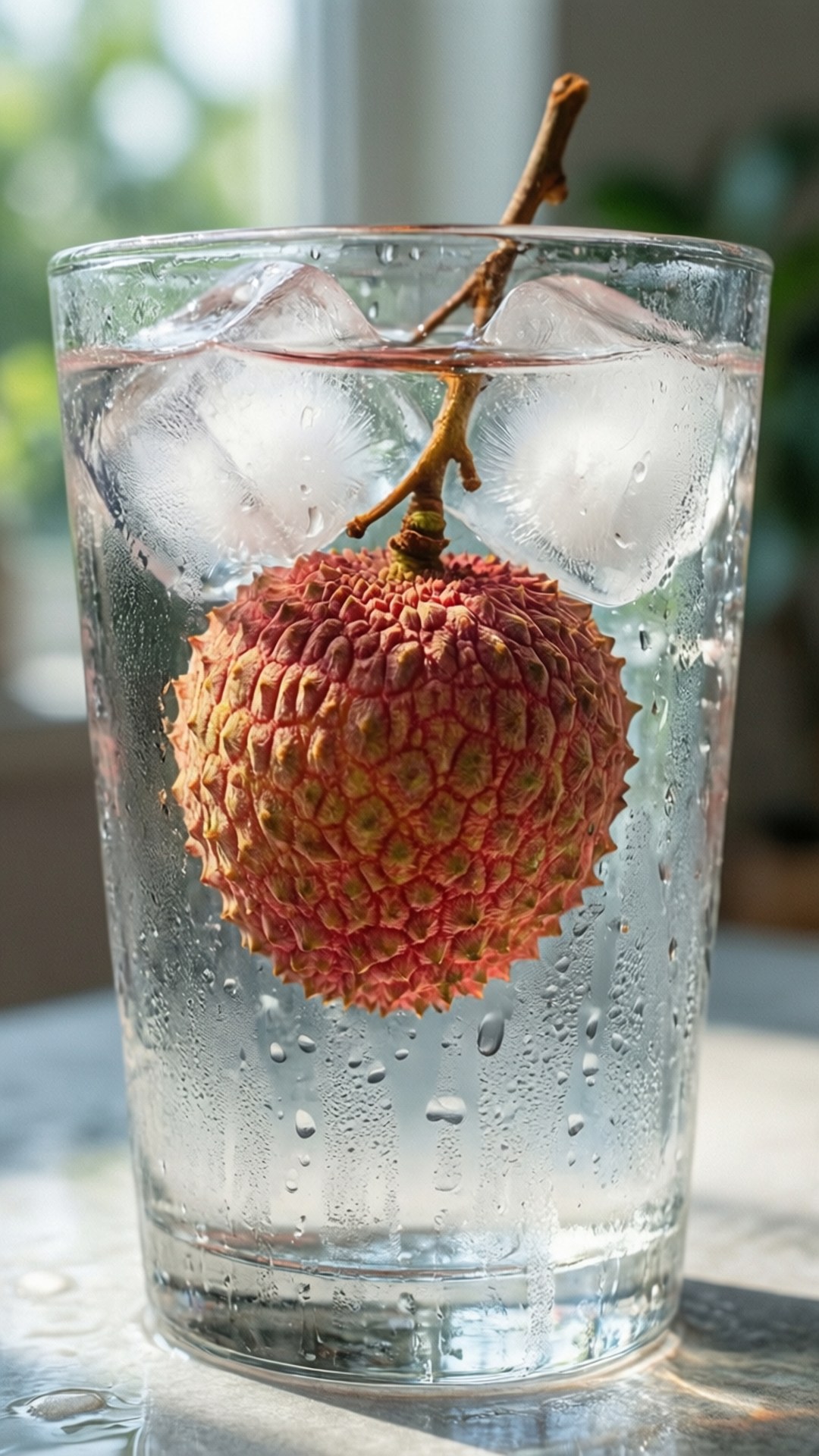 一杯冰水中的荔枝果實和冷凝水滴