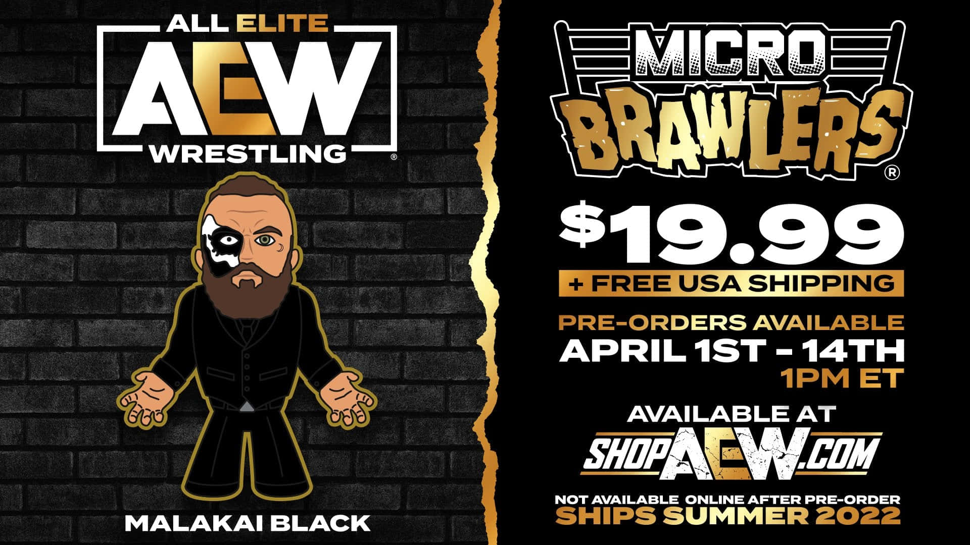 荷蘭摔角手 Malakai Black AEW Micro Brawlers 壁紙 — 一個戴著黑色眼罩的卡通摔角手站在破磚牆前，宣傳售價19.99美元的Micro Brawlers產品。