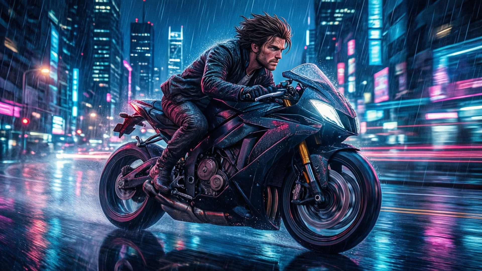 一名騎手騎著黑色電單車在夜晚的雨夜霓虹城市中飛馳，濕漉漉的街道上反射著發光的倒影。
