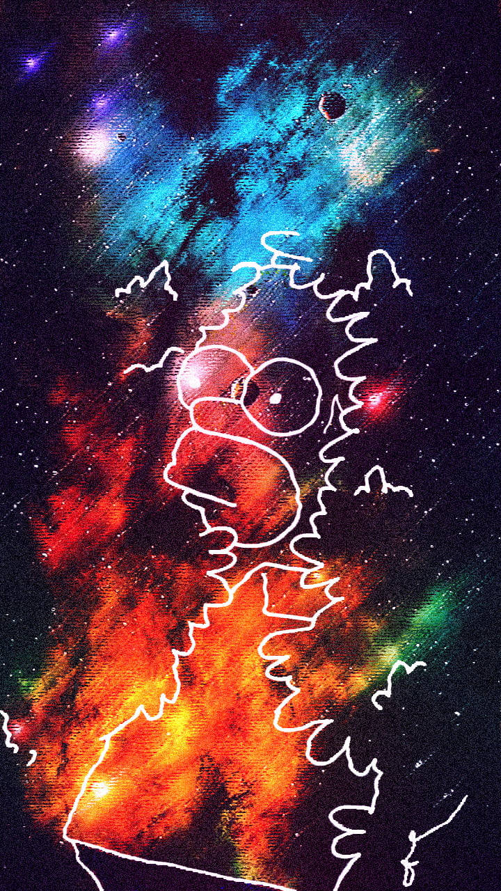 荷馬·辛普森的輪廓在色彩繽紛的宇宙背景上，點綴著星星和星雲。