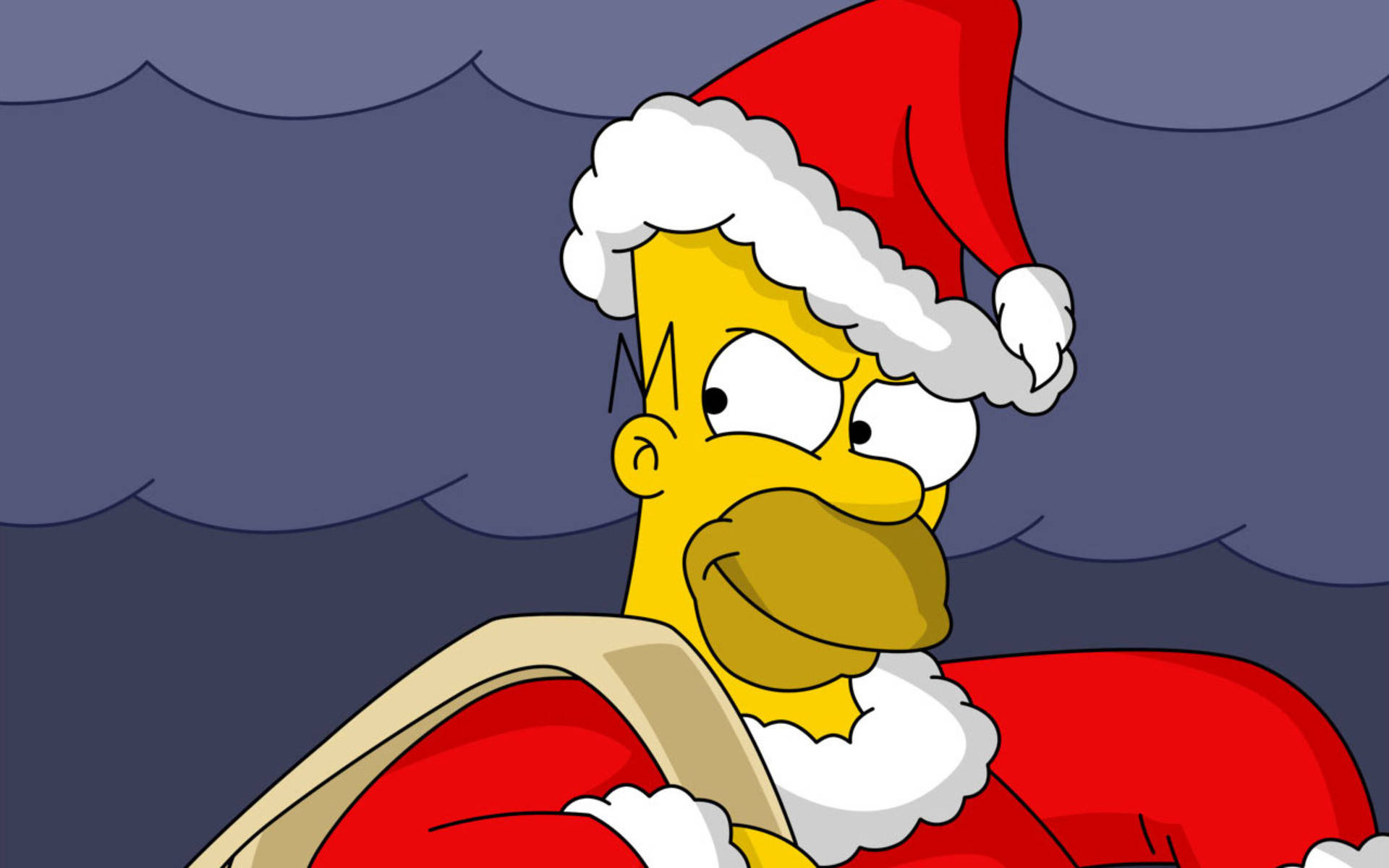 Homer Simpson 桌布 壁紙 — 荷馬·辛普森穿著脾氣暴躁的聖誕老人服裝，背著一個袋子，背景是陰暗多雲的天空。