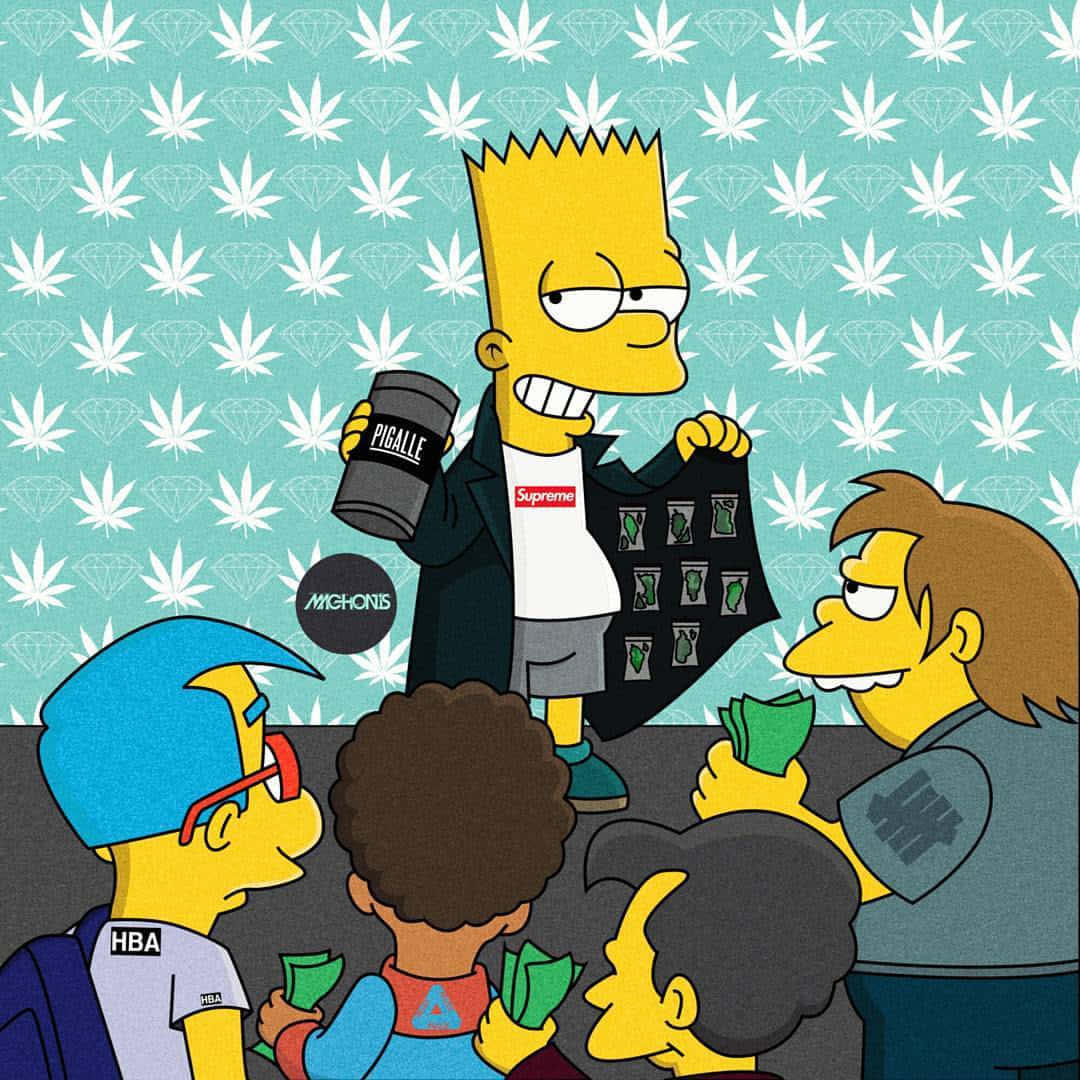 身穿街頭服的巴特·辛普森被提供現金的粉絲包圍，背景帶有圖案。