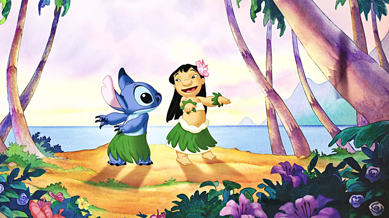 Lilo 和 Stitch 在熱帶夏威夷環境中快樂地跳舞，有棕櫚樹和海洋。