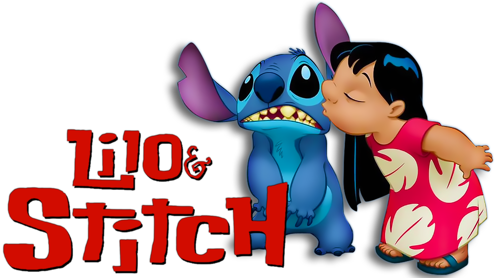 莉洛親吻史迪奇 壁紙 — Lilo 穿著粉紅色碎花裙，親吻 Stitch 的臉頰，Stitch 露出牙齒，表情驚訝。