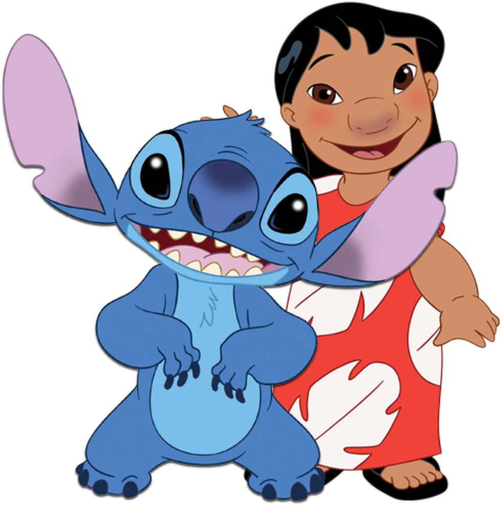 莉羅與史迪奇同框 壁紙 — Lilo 與 Stitch 在純黑色背景前開心擁抱，露出燦爛笑容。