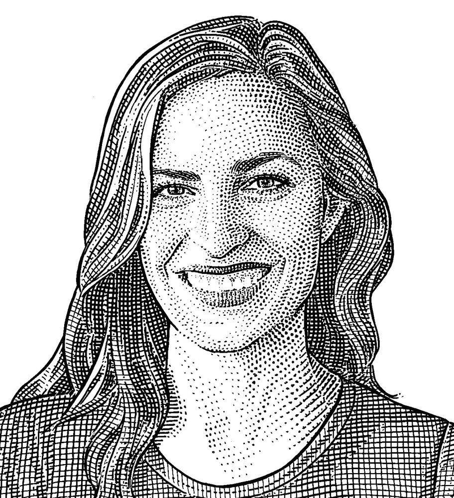 一位微笑的波浪長髮女性，在黑白的點陣插圖中。