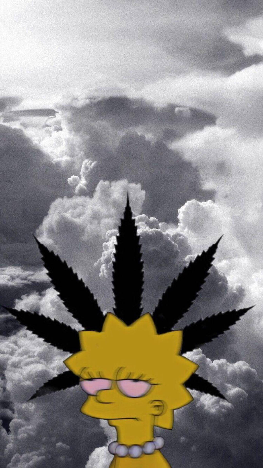 Lisa Simpson 以大麻葉髮型，在多雲的天空下。