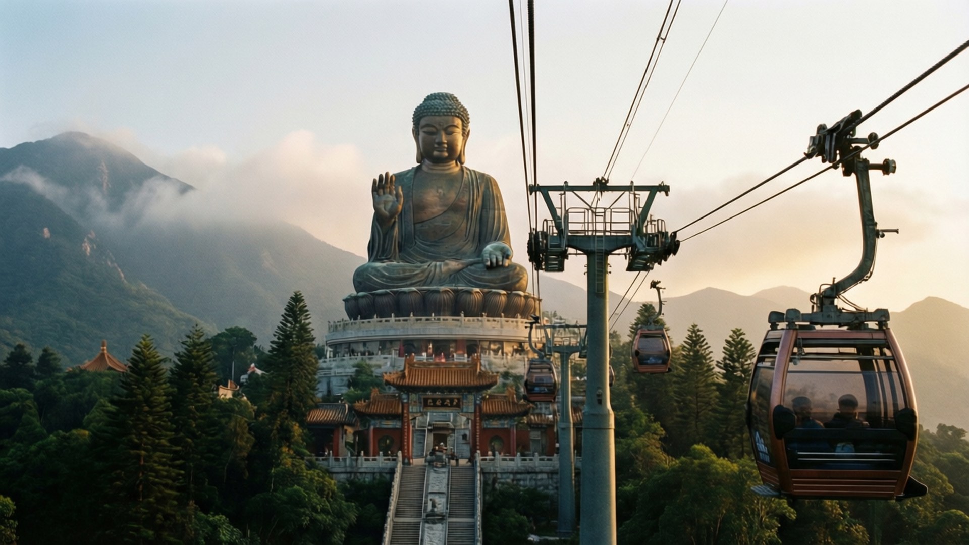 莊嚴寺廟之旅 壁紙 — 一尊巨大的金色佛像坐落在山頂寺廟建築群上，纜車在朦朧的日出天空下滑過。