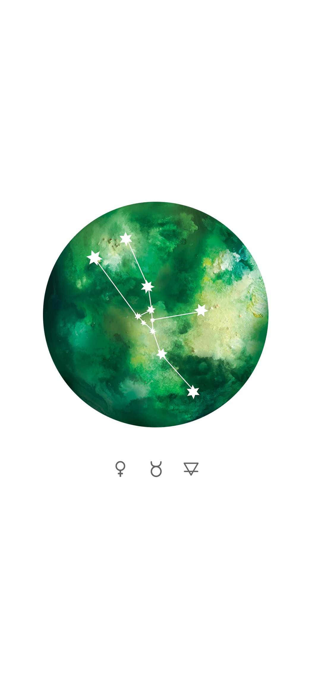 莊嚴滿月映靜水 壁紙 — 一個水彩畫的綠色和白色宇宙漩渦圓圈，白色星星形成星座圖案。