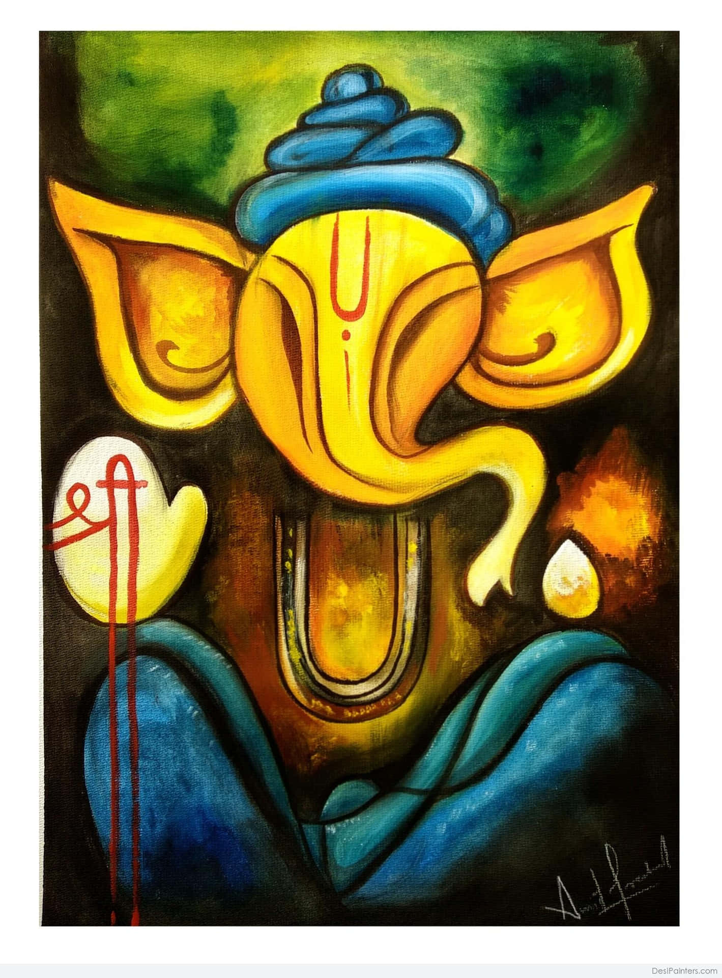 充滿活力的油畫，描繪印度教神祇 Ganesha，金色頭部和藍色身體。