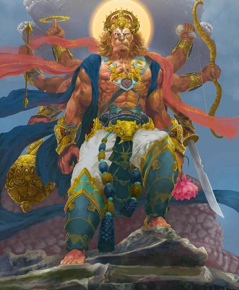 一個強大的獅頭神，有多隻手臂和武器，站在山頂上。