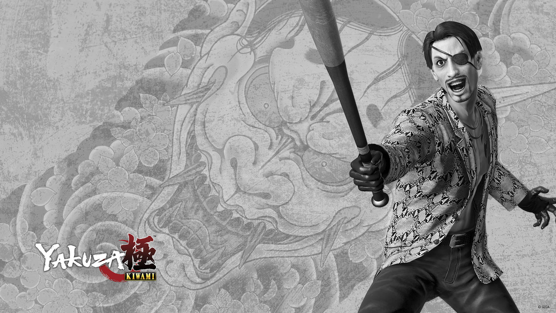 Yakuza Kiwami 動漫角色戴着眼罩，在龍紋身背景下拿着棒球棍。