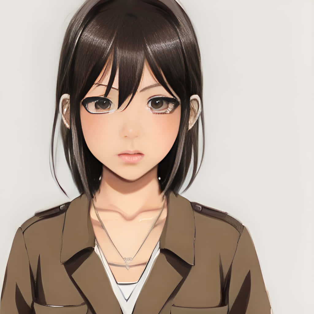 身穿棕色軍裝外套的動漫女孩，表情嚴肅