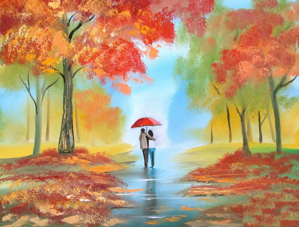 莫內的豐富鮮豔畫作 壁紙 — 一對情侶共用一把紅色雨傘，在柔和的藍天下走過水浸的秋日森林。