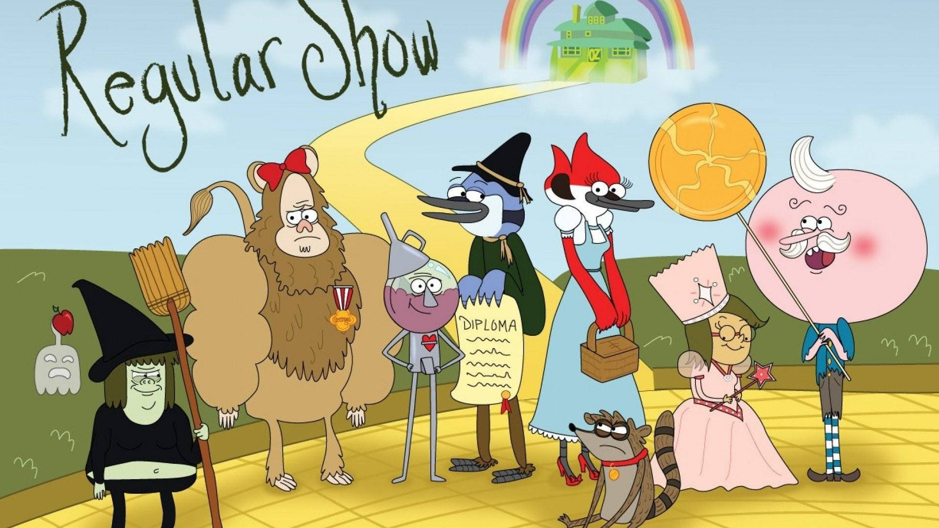 莫德凱與里吉比萬聖節特別篇 壁紙 — 《Regular Show》嘅卡通角色企喺一條黃磚路上，喺彩虹下面，遠處有間綠色屋。