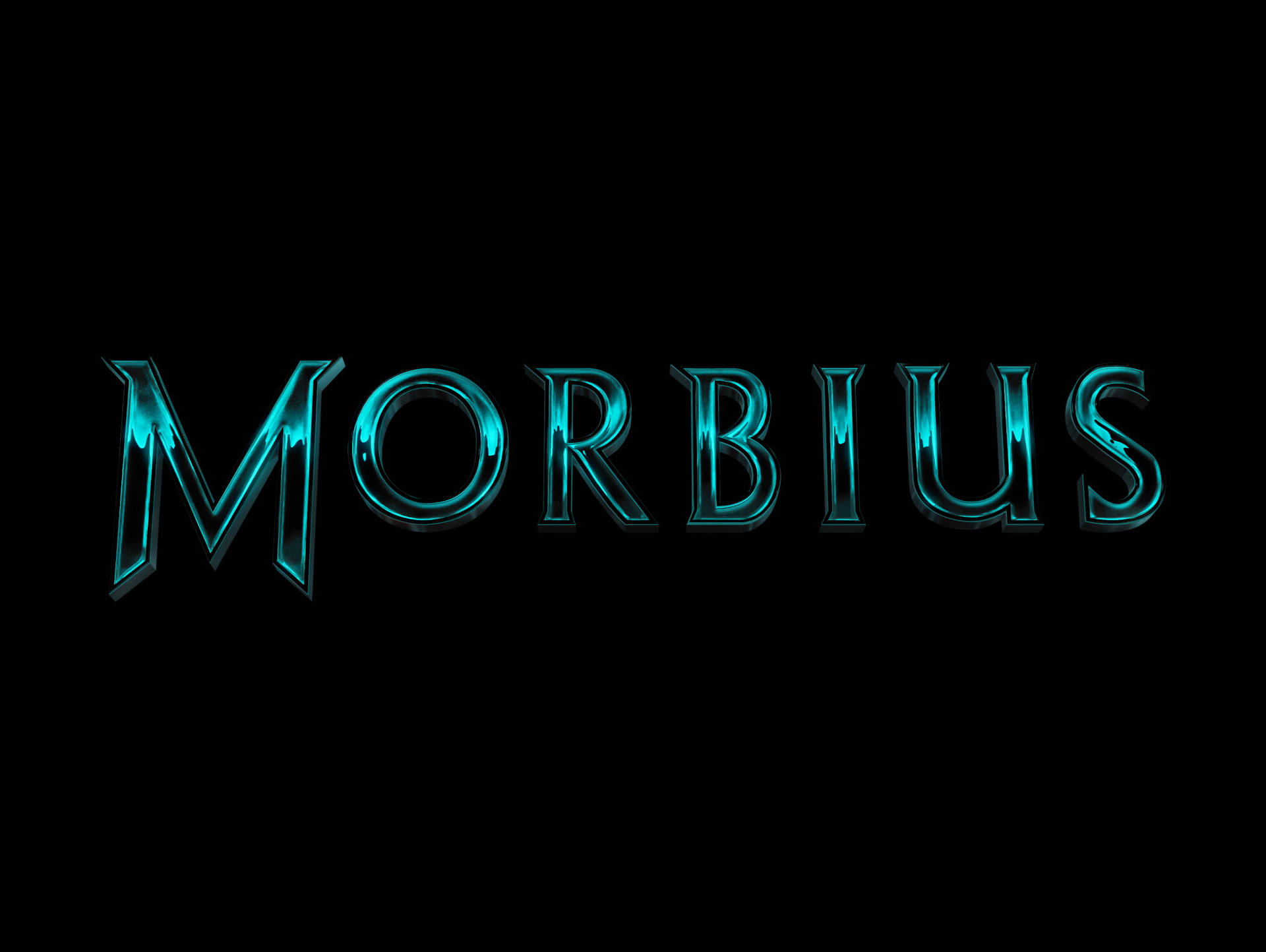 黑色背景上發光嘅青綠色 Morbius 標題文字