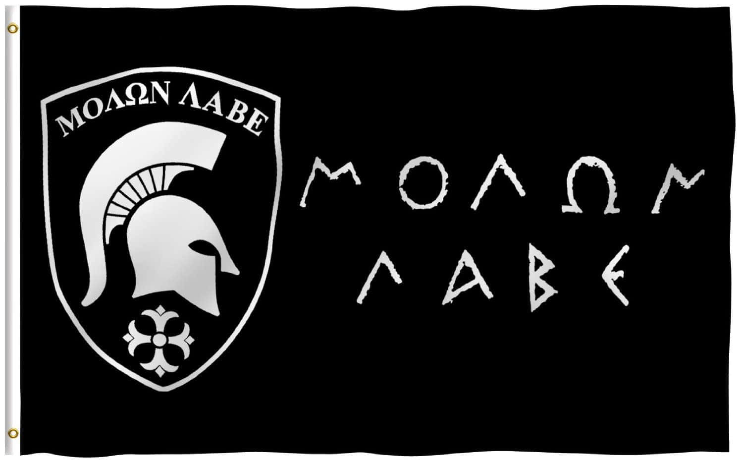 黑色旗幟，帶有銀色斯巴達頭盔和希臘文字 molon labe