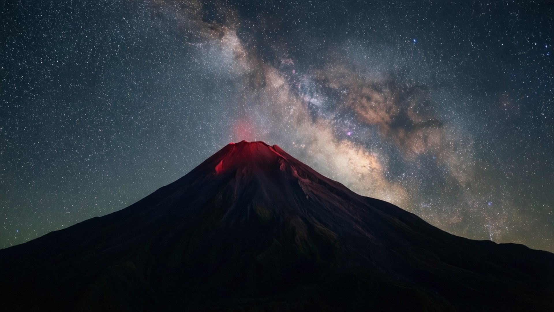 火山在夜間噴發，星空下可見銀河系