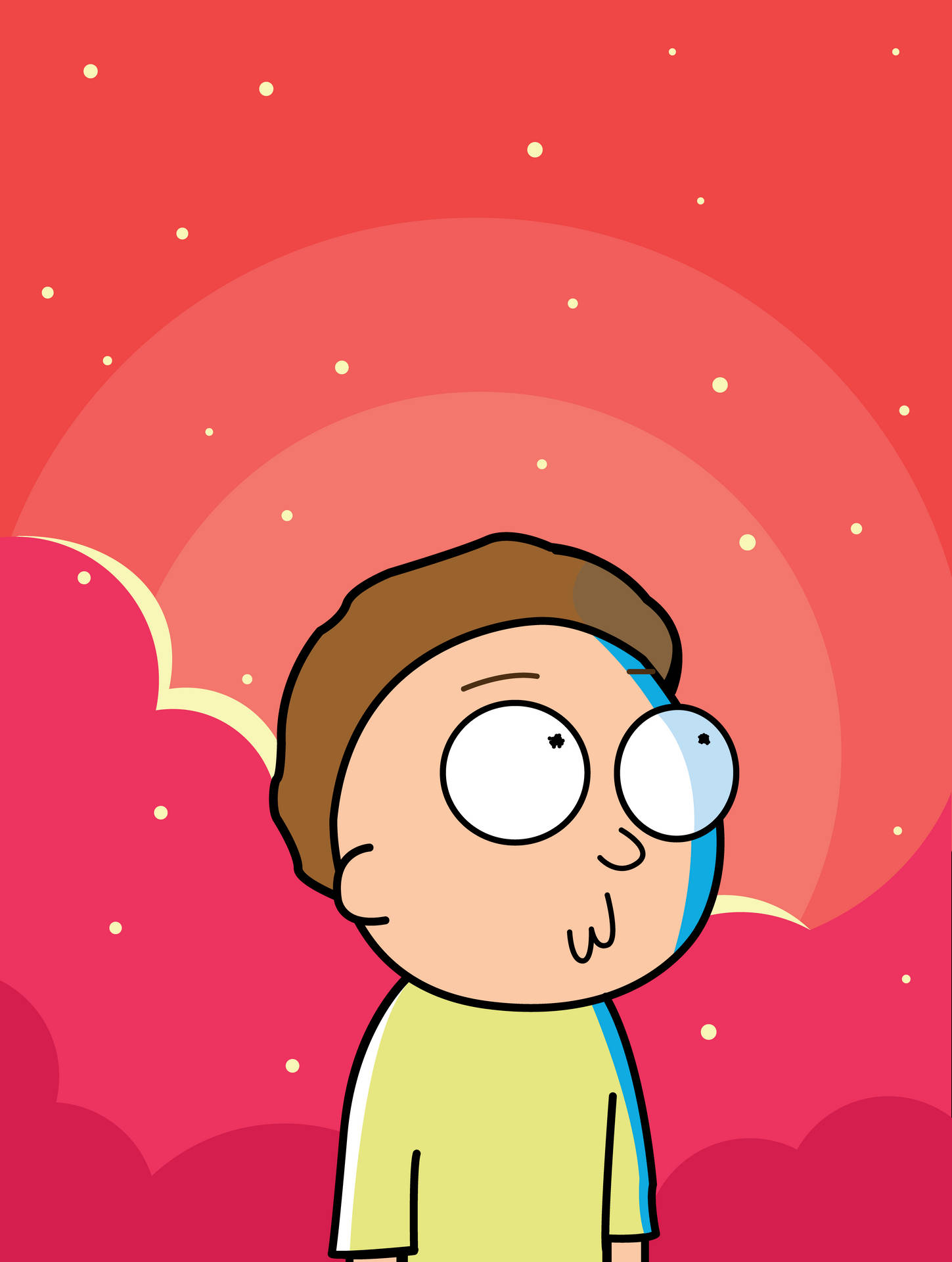 卡通男孩睜大眼睛，在紅色星空背景下顯得驚訝。