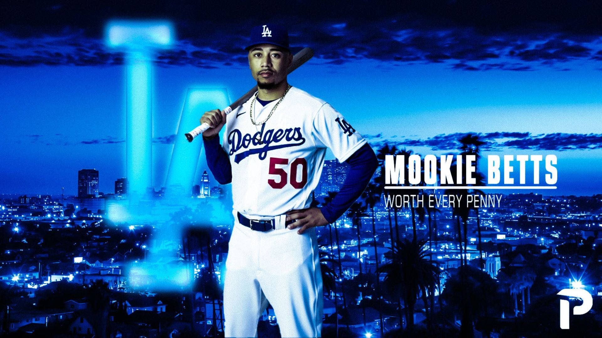 身穿道奇隊球衣的棒球選手 Mookie Betts 在夜晚城市天際線上握著球棒。