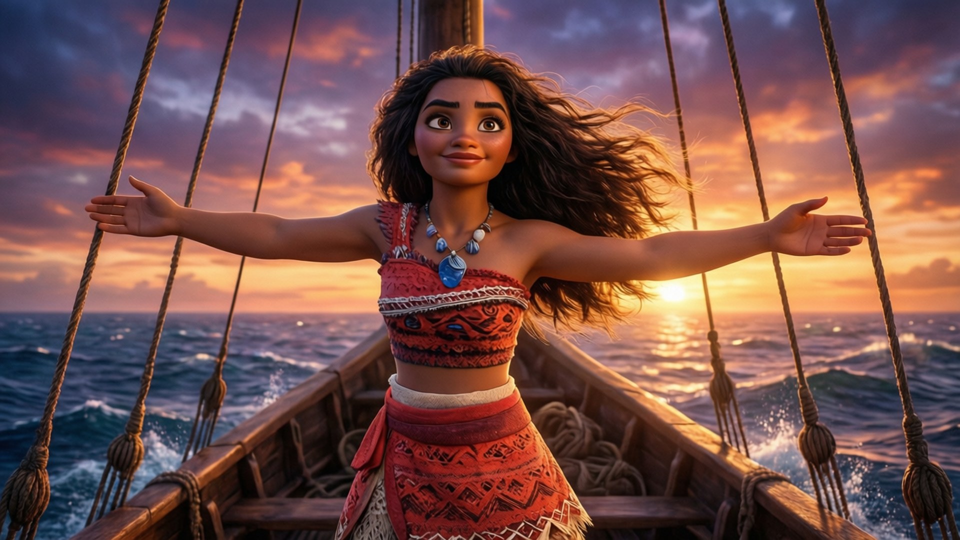 莫阿娜日落航程 壁紙 — Moana 愉快地站在她的船上，雙臂張開，金色的夕陽光芒沐浴著她飄逸的頭髮和鮮紅色的服裝，映襯著戲劇性的海洋地平線。