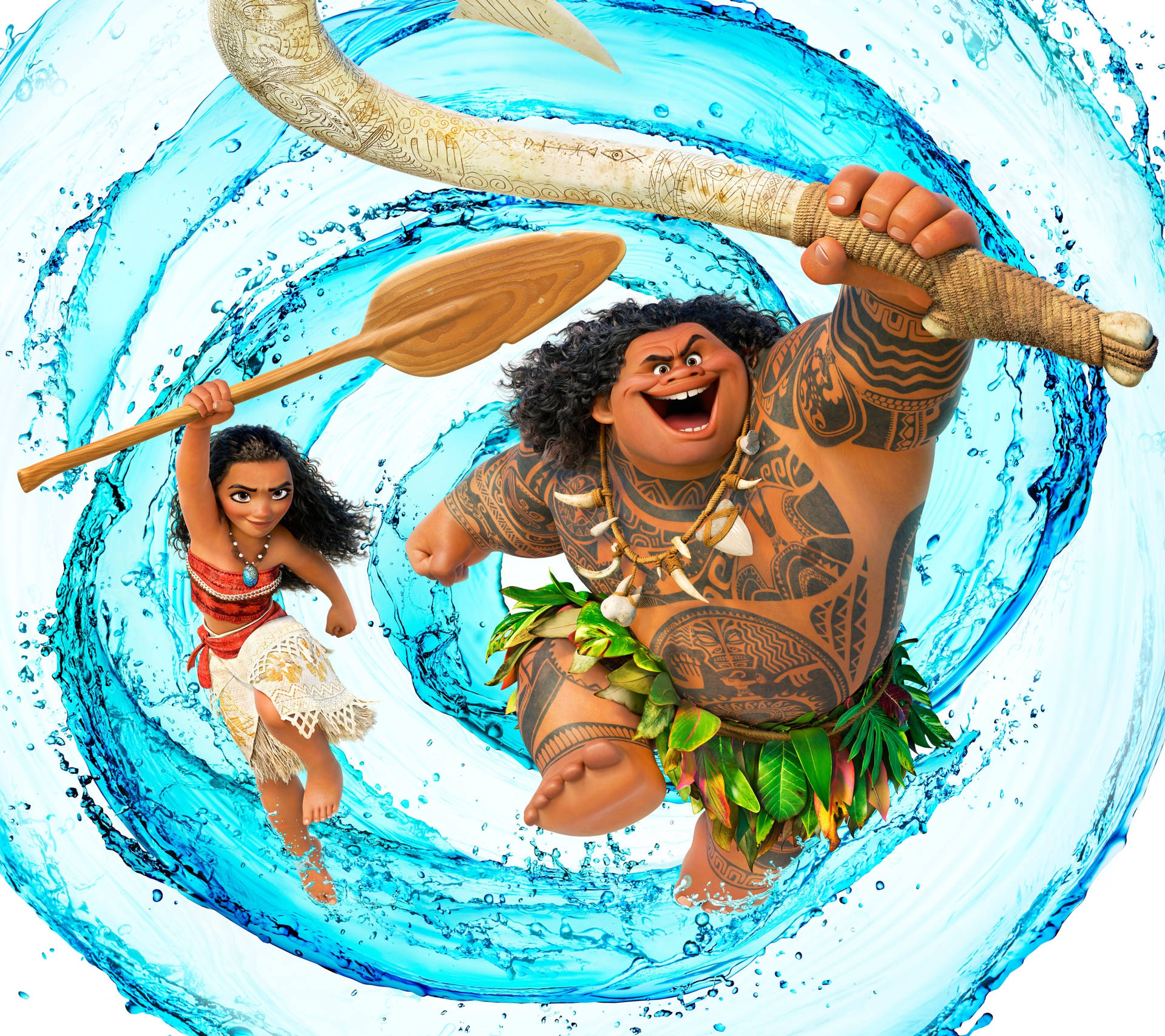 Moana 和 Maui 在旋轉的藍色水漩渦中飛翔，手持他們的工具。