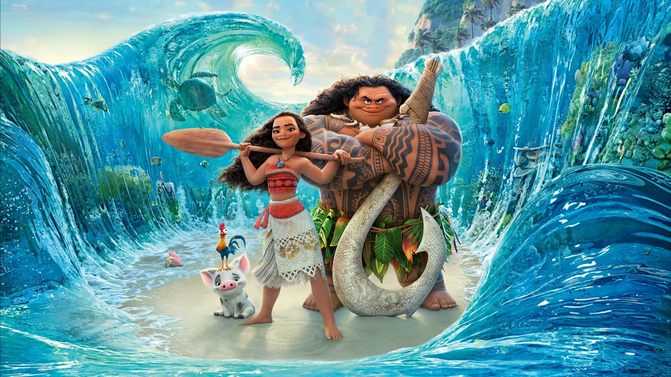 Moana 和 Maui 站在海灘上，被巨大的海浪包圍，有魚和珊瑚。