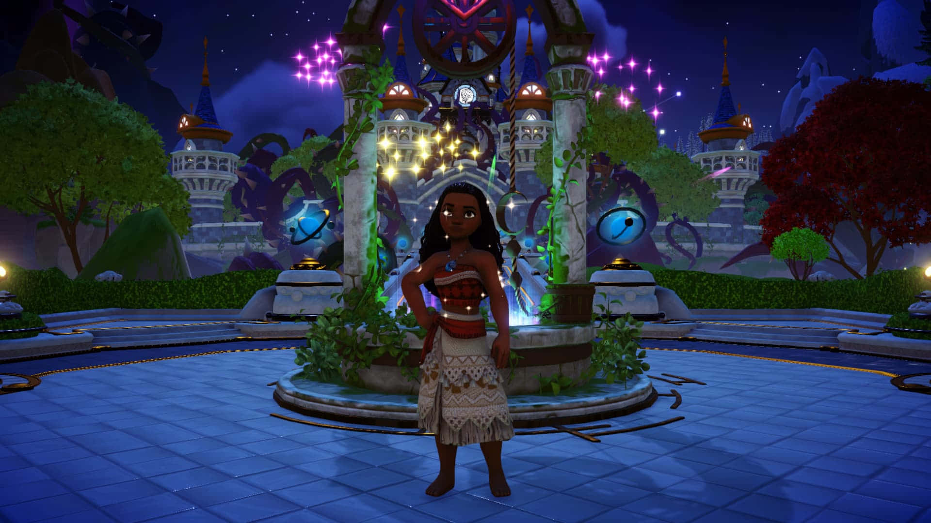 莫阿娜駕船航行於海洋 壁紙 — Moana 自信地站在夜晚發光的魔法花園中，身後有魔法城堡和閃爍的燈光。
