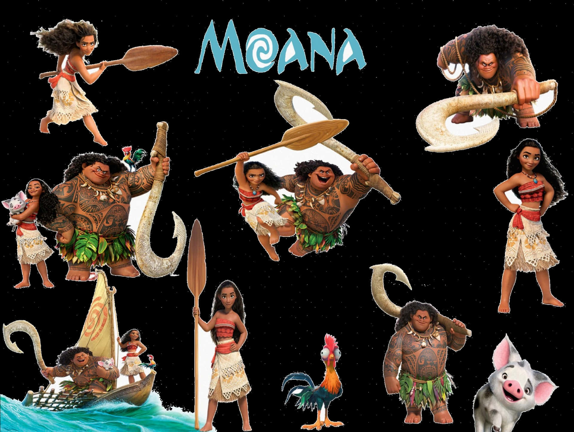 Moana 和她的朋友們在星空下漂浮，下方有海浪。