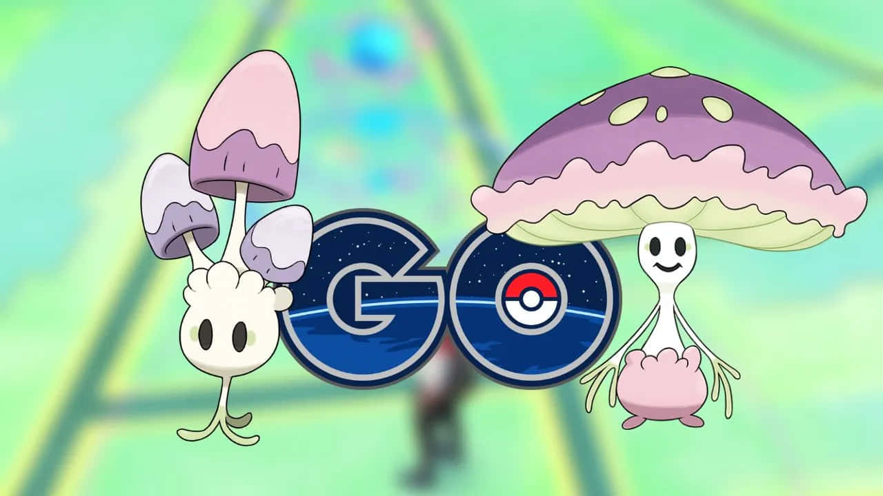 Pokémon GO標誌旁邊嘅兩隻蘑菇寶可夢角色。