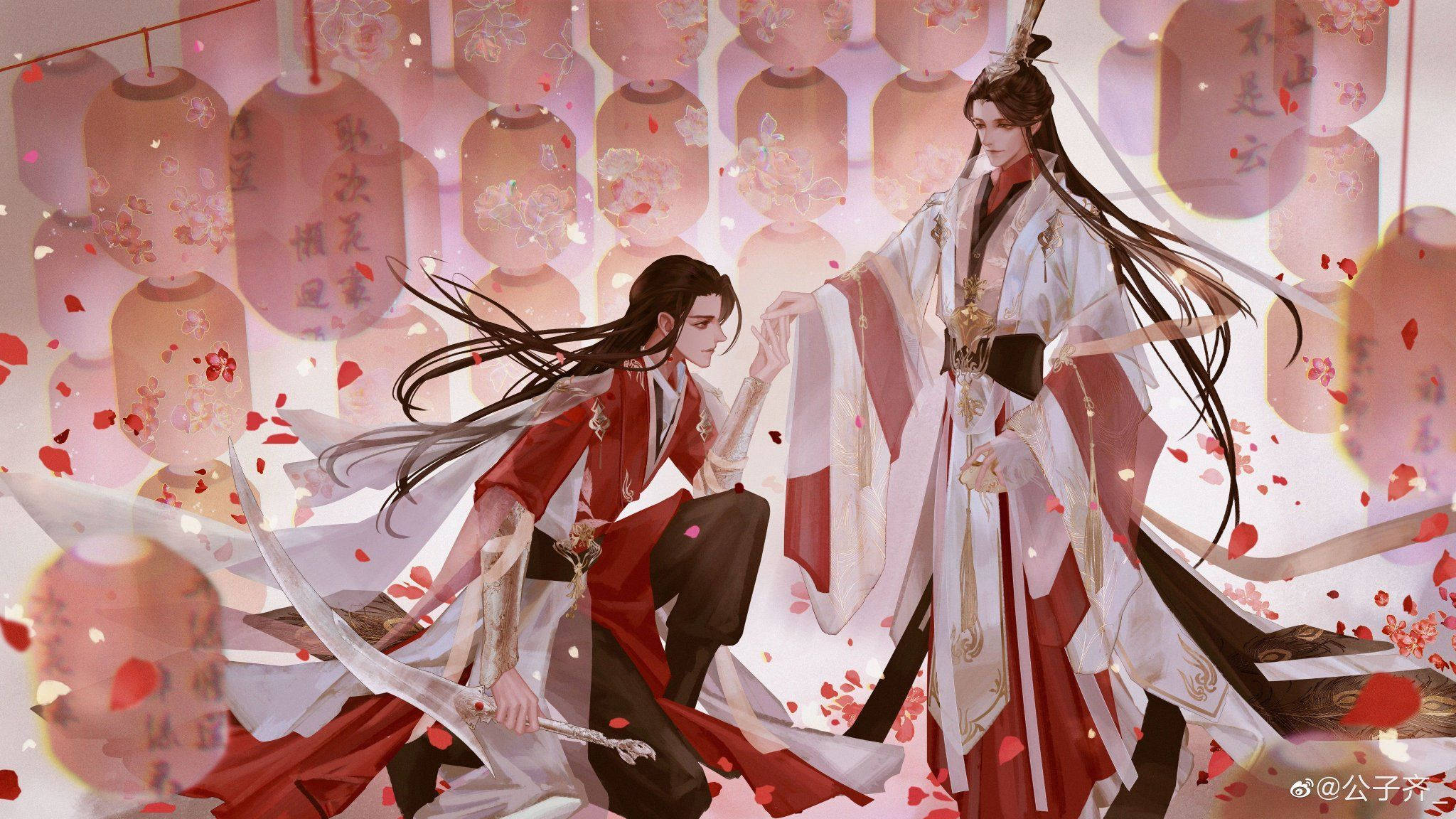 華 Cheng 向 謝 Lian 跪拜 壁紙 — 兩個穿著優雅飄逸長袍的動漫角色，在飄落的櫻花和發光的燈籠中互動。
