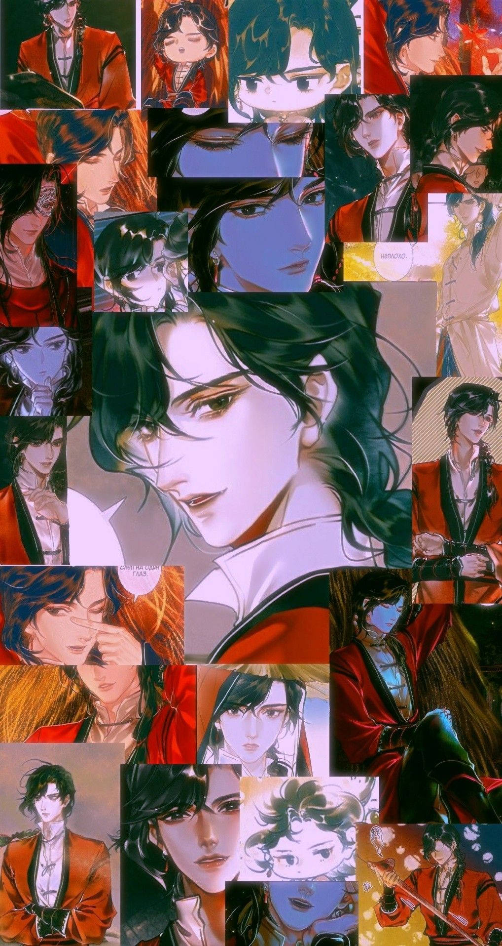 華 Cheng 拼貼藝術 壁紙 — 一幅充滿活力的動漫拼貼畫，包含多個身穿紅袍、眼神富有表現力、姿勢動感的英俊男子肖像。