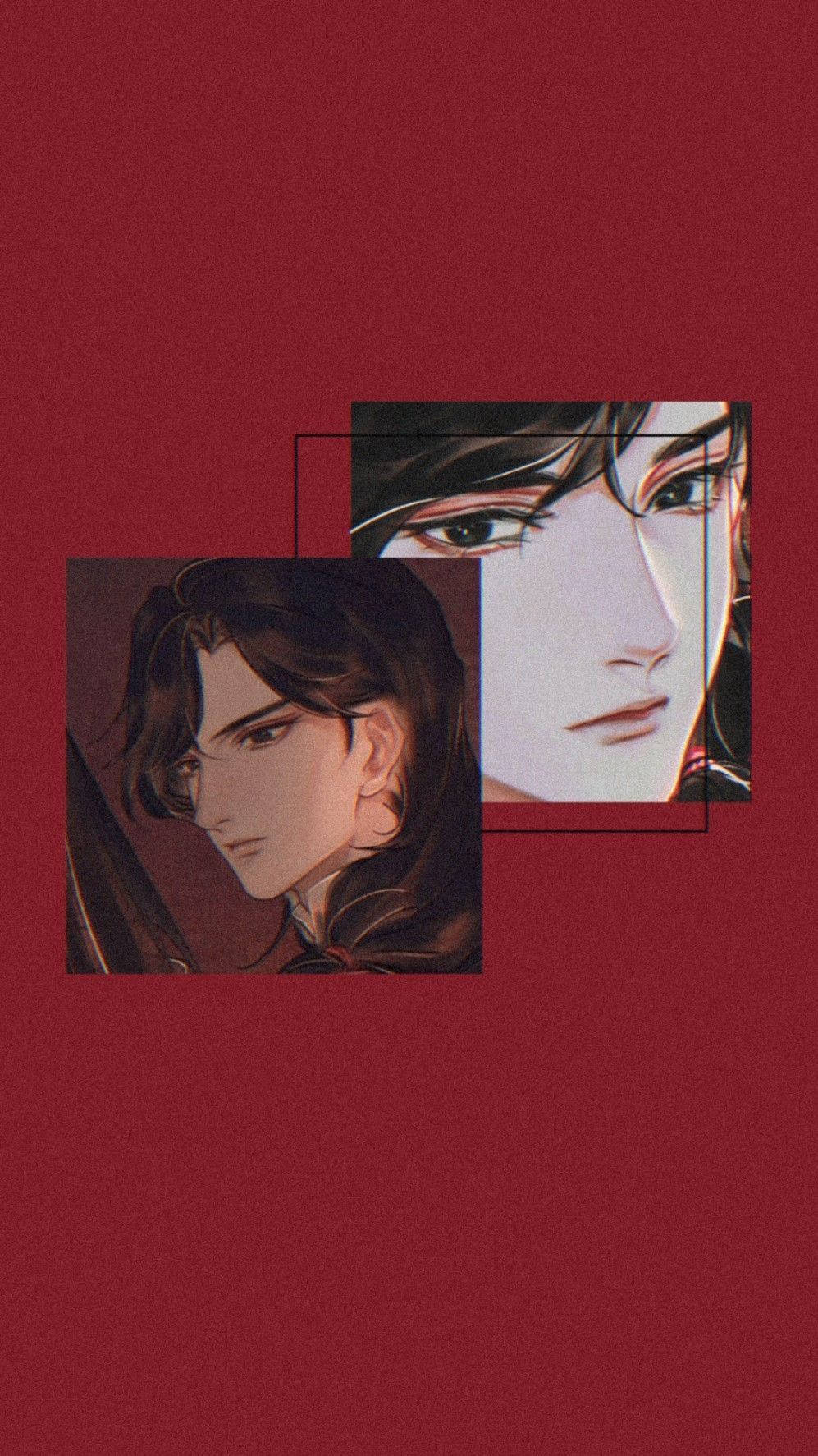 華 Cheng 肖像 壁紙 — 兩個動漫風格男性肖像，置於重疊的畫框中，背景為深紅色紋理。