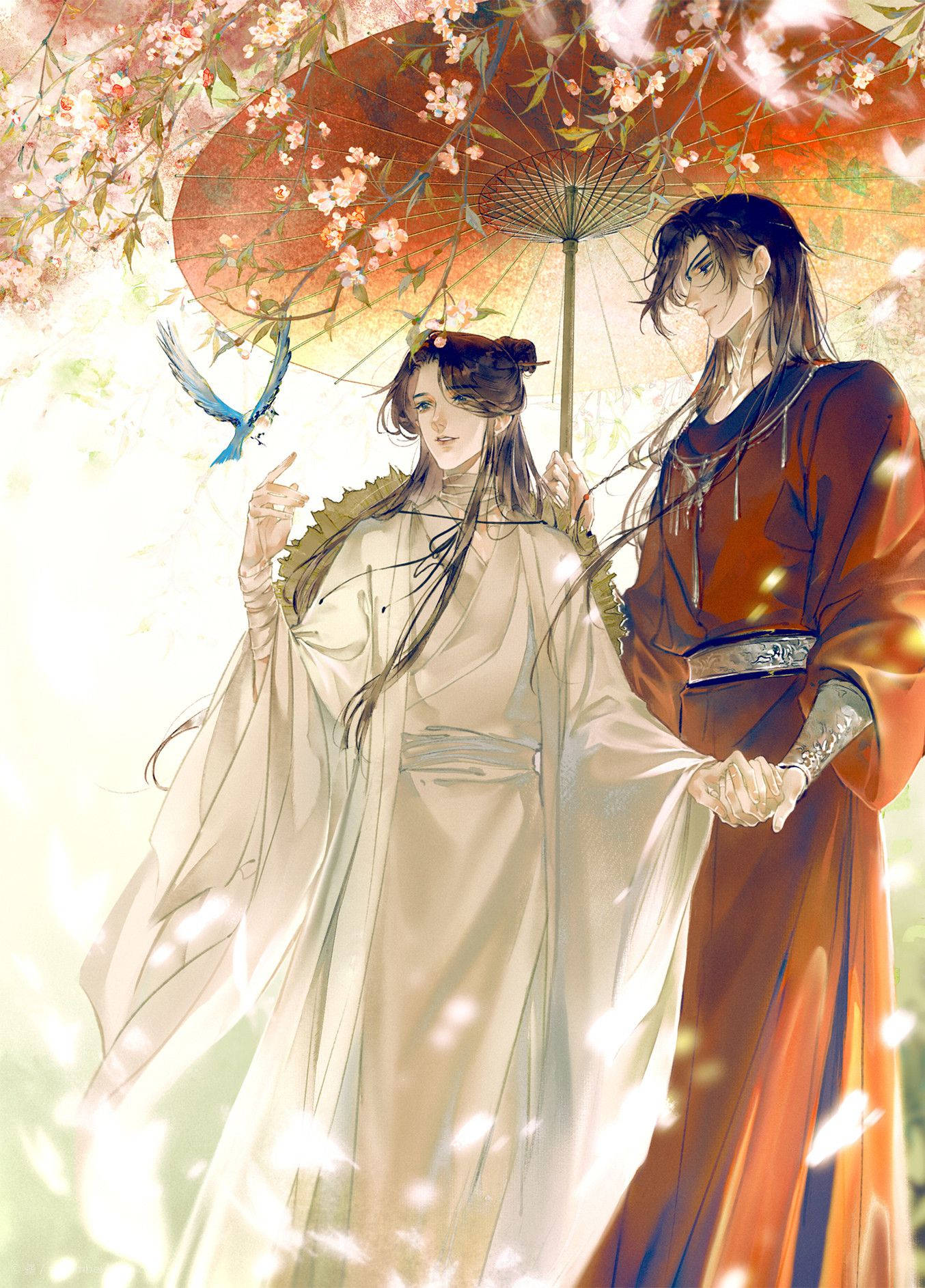 華 Cheng 與 謝 Lian 壁紙 — 兩個衣著優雅的人物在櫻花傘下行走，花瓣在他們周圍飄落，一隻藍鳥在附近飛翔。