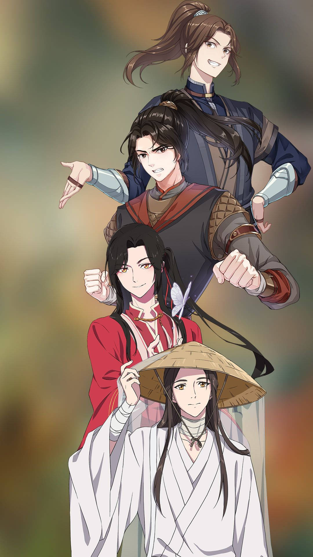 華 Cheng 與 謝 Lian 戴帽 壁紙 — 四個動漫角色穿著傳統服飾，在柔和模糊的背景前動態擺姿勢。
