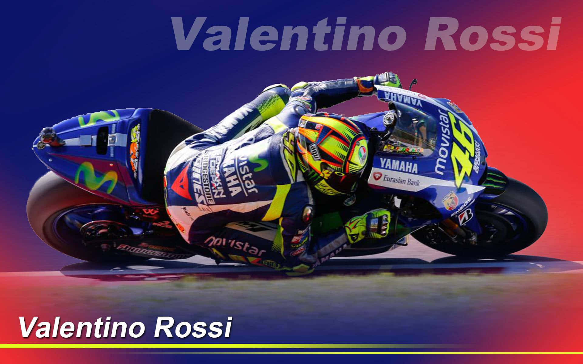 VR46 Valentino Rossi 壁紙 — 華倫天奴·羅斯在鮮豔的紅藍漸變背景前，騎著他的藍黃色Yamaha MotoGP電單車傾身進入一個急彎。