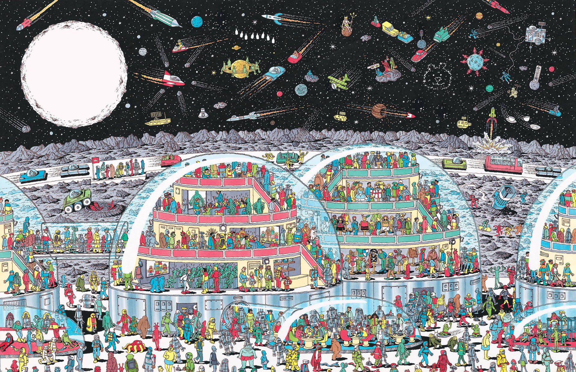 未來主義的月球殖民地，有圓頂棲息地和人群，在星空下，有太空船。