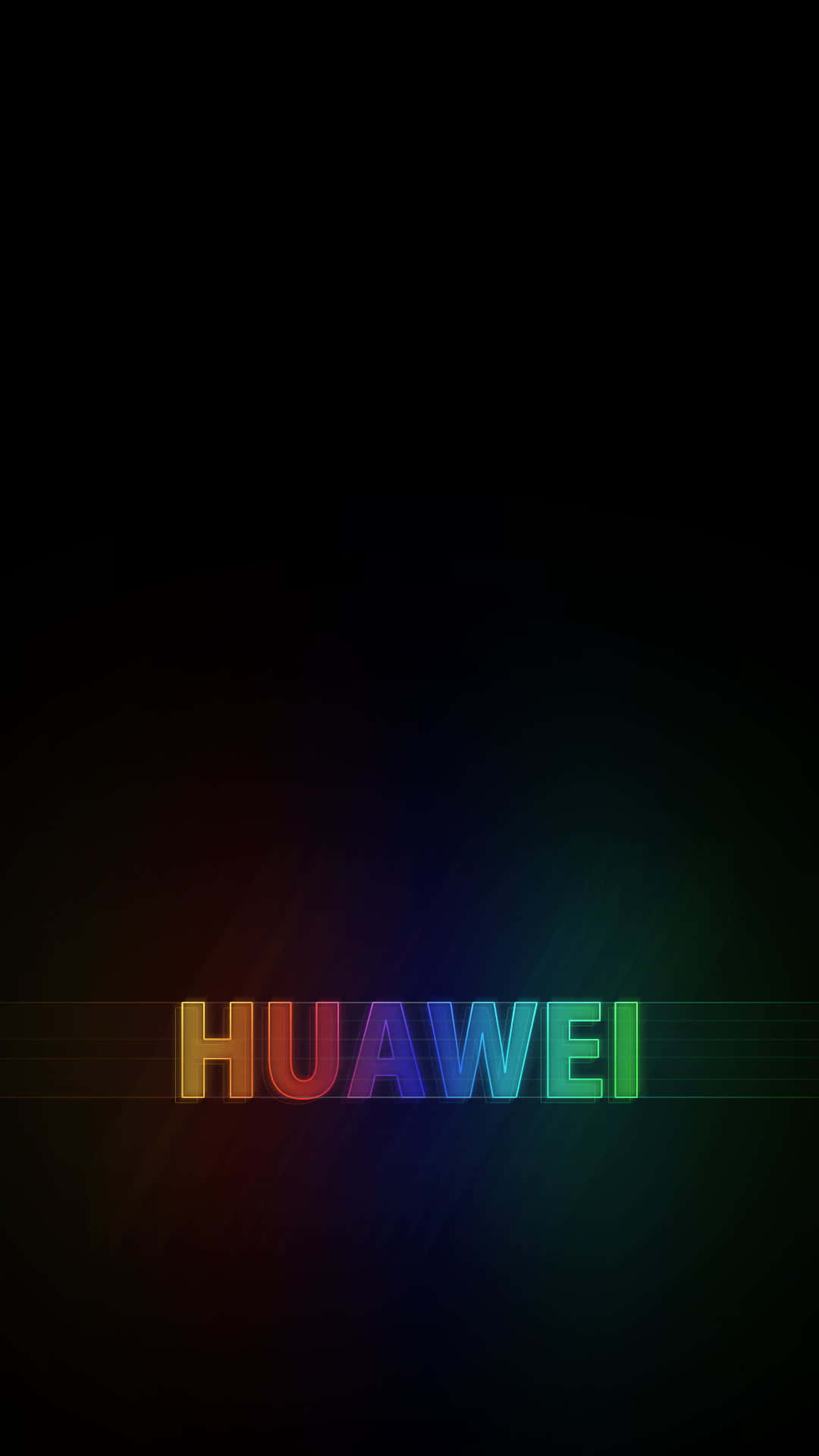 華為 — 重新定義可能性 壁紙 — 「HUAWEI」一詞在黑暗背景上以鮮豔的彩虹漸變發光，帶有微妙的光線條紋。